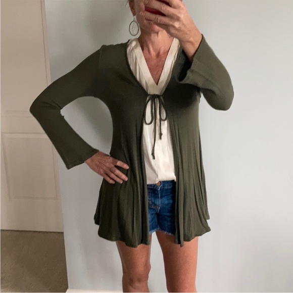 Olive Green Tie Front Cardigan - Picture 2 of 8